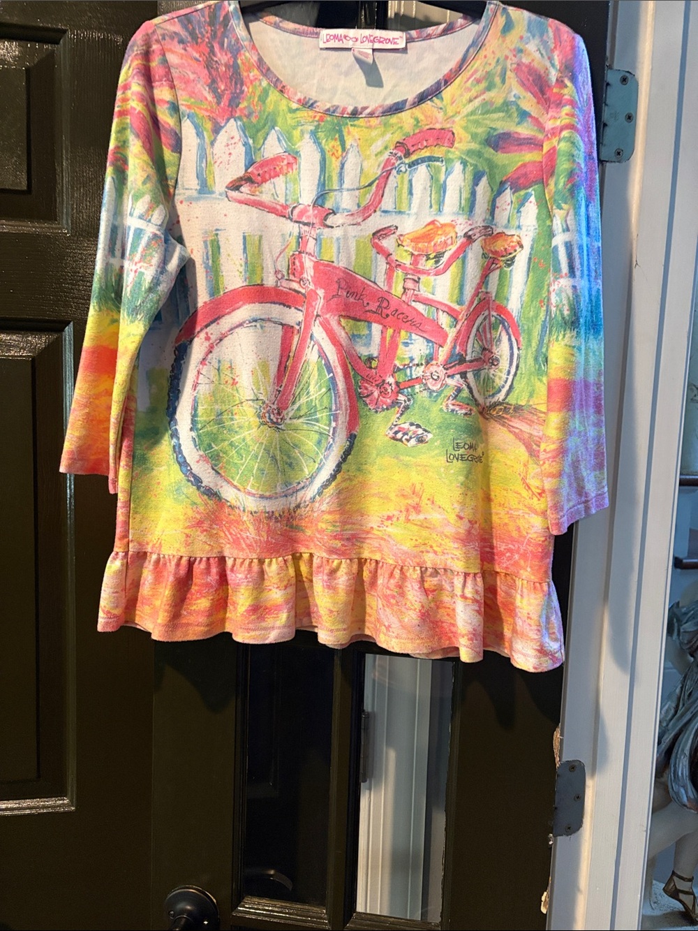Colorful Bicycle Print Ruffle-Hem Blouse - Multi